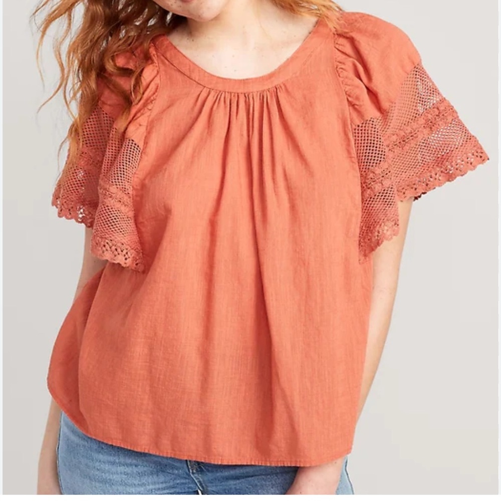 Old Navy Coral Crochet Flutter Sleeve Blouse Plus 3X New Cotton Swing Top